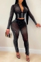 plus size early autumn rhinestone decor mesh zip-up see through sexy stretch tight pants sets (new added color)_Black