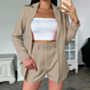 early autumn new style solid color 6 colors micro elastic casual suit two-piece set (with belt)_Black_White_Pink_Magenta_Yellow_Khaki