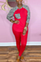 plus size solid color stitching leopard batch printing sleeve stretch casual round neck two-piece set_Black_Dark Purple_Red