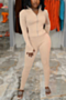 autumn new plus size solid color stretch zip-up thumb-hole casual minimalist sports two-piece set_Black_Beige