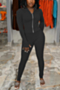 autumn new plus size solid color stretch zip-up thumb-hole casual minimalist sports two-piece set_Black