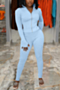 autumn new plus size solid color stretch zip-up thumb-hole casual minimalist sports two-piece set_Black_Beige_Sky Blue