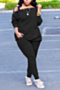 plus size solid color single breasted off-shoulder stretch casual autumn stylish two-piece set_Black