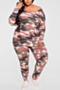plus size xl-5xl camo batch printing boat neck autumn new stylish stretch casual two-piece set_Dark Green_Pink
