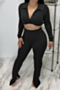 four colors autumn button new stylish simple micro-flare pants long sleeve simple stretch two-piece set_Black