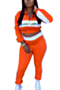 autumn new two colors "lucky label" printing spliced stretch zip-up casual stylish two-piece set_Blue_Orange