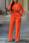 autumn new plus size solid color micro-elastic ruffle top with pockets straight pants stylish two-piece set_Black_Red_Sky Blue_Orange