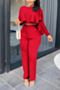autumn new plus size solid color micro-elastic ruffle top with pockets straight pants stylish two-piece set_Black_Red
