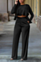 autumn new plus size solid color micro-elastic ruffle top with pockets straight pants stylish two-piece set_Black
