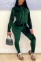 winter new plus size solid color velvet stretch zip-up pockets casual minimalist two-piece set_Brown_Green