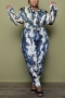 l-4xl plus size autumn new stylish single-breasted stretch tie-dye batch printing casual two-piece set_Black_Blue