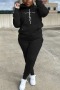 xl-5xl plus size winter new stylish pocket hooded letter printing 5 colors velvet stretch casual  two-piece set_Black