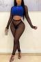 spring new stylish mesh patchwork contrast color see-through plus size stretch sexy two-piece set(without lining)_Black_Red_Blue