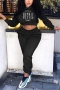 spring plus size two colors letter fixed printing stretch hooded pockets casual stylish two-piece set_Black