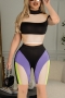 summer new stylish mesh patchwork multicolor printing stretch slim plus size sexy two-piece set_Purple