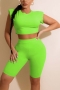 summer new stylish simple solid color stretch slim shoulder pad plus size slim casual two-piece set_Black_Light Green