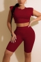 summer new stylish simple solid color stretch slim shoulder pad plus size slim casual two-piece set_Black_Light Green_Rose Red