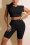 summer new stylish simple solid color stretch slim shoulder pad plus size slim casual two-piece set_Black