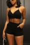 summer new plus size solid color stretch halter-neck lace-up pockets backless sexy two-piece set_Black