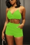 summer new plus size solid color stretch halter-neck lace-up pockets backless sexy two-piece set_Black_Light Green