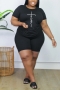 xl-5xl summer letter fixed printing stretch casual simple two-piece set_Black