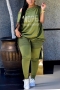 s-4xl plus size spring new 5 colors stretch rhinestone letter button short sleeves off-the-shoulder casual two-piece set with tie-waist_Black_Dark Green
