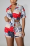 s-2xl plus size summer new stylish micro elastic batch printing single-breasted lace-up zip-up casual two-piece set_Red