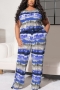 xl-5xl summer plus size three colors tie-dye stretch wide-leg pockets casual simple two-piece set_Red_Blue