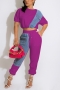 s-2xl plus size summer new stylish 8 colors micro elastic denim contrast color spliced button pocket with tie-waist casual two-piece set_Black_White_Purple