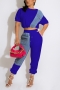 s-2xl plus size summer new stylish 8 colors micro elastic denim contrast color spliced button pocket with tie-waist casual two-piece set_Black_White_Purple_Dark Green_Dark Blue