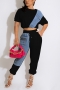 s-2xl plus size summer new stylish 8 colors micro elastic denim contrast color spliced button pocket with tie-waist casual two-piece set_Black