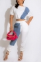 s-2xl plus size summer new stylish 8 colors micro elastic denim contrast color spliced button pocket with tie-waist casual two-piece set_Black_White