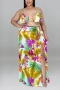 xl-5xl plus size 4 colors new floral leaf batch printing halter backless self-tie high waist bottom two-piece set with high slit skirt sexy three-piece set_Purple_Blue_Yellow