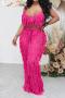 sexy plus size slight stretch halter neck tassel hollow backless pants set_Black_White_Pink_Magenta