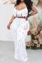 sexy plus size slight stretch halter neck tassel hollow backless pants set_Black_White