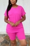 s-2xl summer new plus size 5 colors solid color stretch pocket side slit t-shirt with shorts casual simple shorts sets_Blue_Magenta