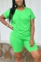 s-2xl summer new plus size 5 colors solid color stretch pocket side slit t-shirt with shorts casual simple shorts sets_Blue_Magenta_Yellow_Watermelon Red_Green