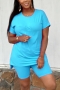 s-2xl summer new plus size 5 colors solid color stretch pocket side slit t-shirt with shorts casual simple shorts sets_Blue