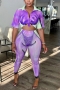 s-2xl plus size summer new 3 colors stretch letter fixed printing single-breasted short sleeves slim stylish pants sets(new add colors)_Purple