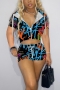 s-2xl plus size summer new stretch batch printing short sleeves zip-up pocket hooded with tie-waist stylish shorts sets_Black