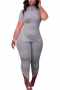 s-2xl plus size summer new 5 colors solid color stretch pearl decor short sleeves split slim stylish pants sets_Black_Rose Red_Blue_Pink_Gray