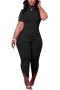 s-2xl plus size summer new 5 colors solid color stretch pearl decor short sleeves split slim stylish pants sets_Black