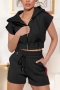 s-2xl plus size summer new 2 colors solid color patchwork stretch short sleeve hooded zip-up lace up smocked pockets stylish casual shorts sets_Black