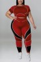 xl-5xl summer new plus size 5 colors patchwork stretch short sleeves slim stylish sports pants sets_Black_Purple_Rose Red