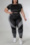 xl-5xl summer new plus size 5 colors patchwork stretch short sleeves slim stylish sports pants sets_Black