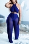 s-2xl summer new plus size three colors micro see through chiffon patchwork slight stretch panties lined cross halter-neck tied sexy pants sets_Black_Blue