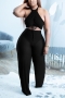 s-2xl summer new plus size three colors micro see through chiffon patchwork slight stretch panties lined cross halter-neck tied sexy pants sets_Black