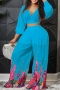 s-3xl plus size new 3 colors chiffon floral & leaf fixed printing inelastic long sleeve v-neck pleated panties linging spliced stylish casual pants set(with lining)_White_Sky Blue