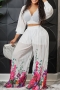s-3xl plus size new 3 colors chiffon floral & leaf fixed printing inelastic long sleeve v-neck pleated panties linging spliced stylish casual pants set(with lining)_White