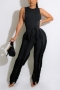 s-2xl summer new plus size 6 colors solid color high stretch sleeveless tie-waist tassel stylish casual trend pants sets_Black